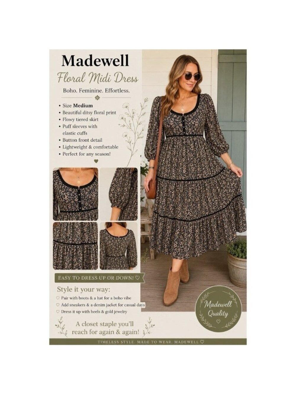 Madewell Black Little House On The Prairie  Maxi Dress Floral Boho Hippie M Wow